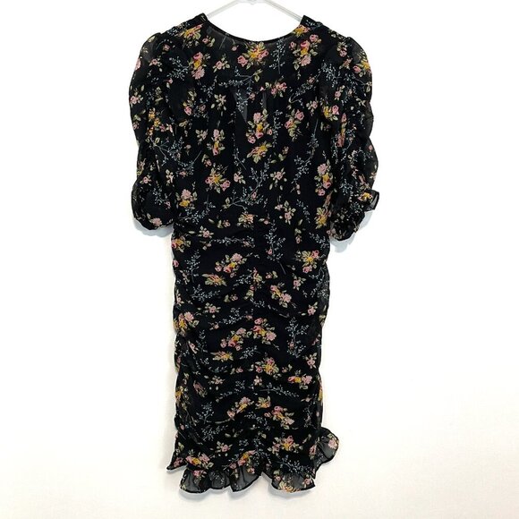 NEW NWT LEA VIOLA Shirred Floral Mini Dress Black Pink Multi Ruched Bodycon S - Picture 12 of 16